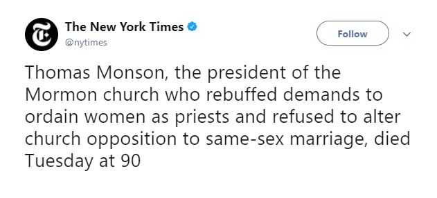 Netizens React to New York Times Disrespectful Report of the Passing of Thomas S. Monson