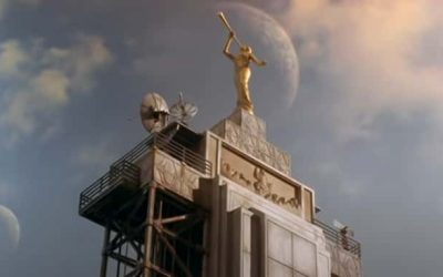 Angel Moroni appears on top of a space colony in a sci-fi movie